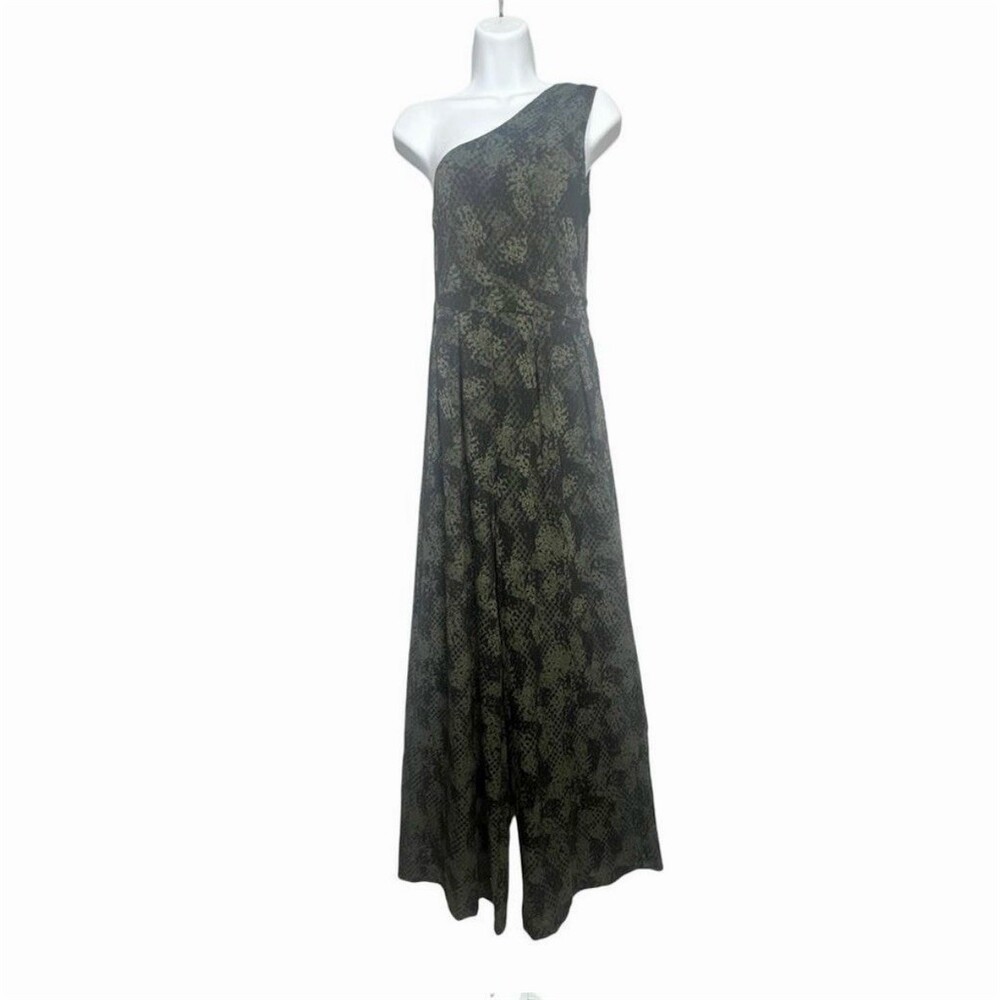 NWT Free People Jumpsuit Womens Size M Green Snake Print One-Shoulder Wide-Leg